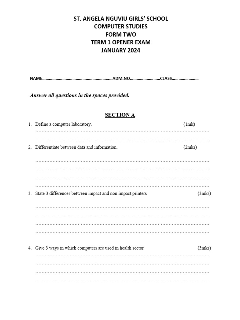 2024 Form Two Computer Exam Paper | PDF | Computer Engineering | System ...