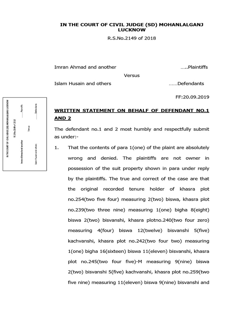 Written Statement in Mohanlalganj Case | PDF | Lawsuit | Common Law
