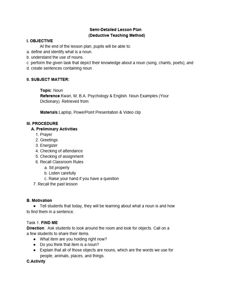 Semi-Detailed Lesson Plan on Nouns | PDF | Lesson Plan | Noun