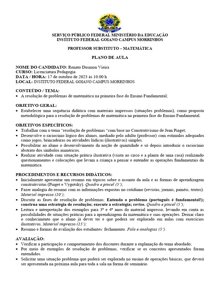 Plano de Aula para Concurso | PDF | Lição | Pedagogia