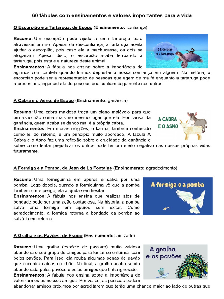 60 Fábulas Com Ensinamentos e Valores Importantes para A Vida | PDF ...