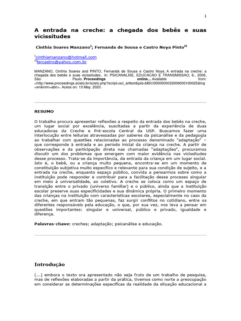 Adaptação de Bebês na Creche: Desafios e Reflexões | PDF | Tempo | Família