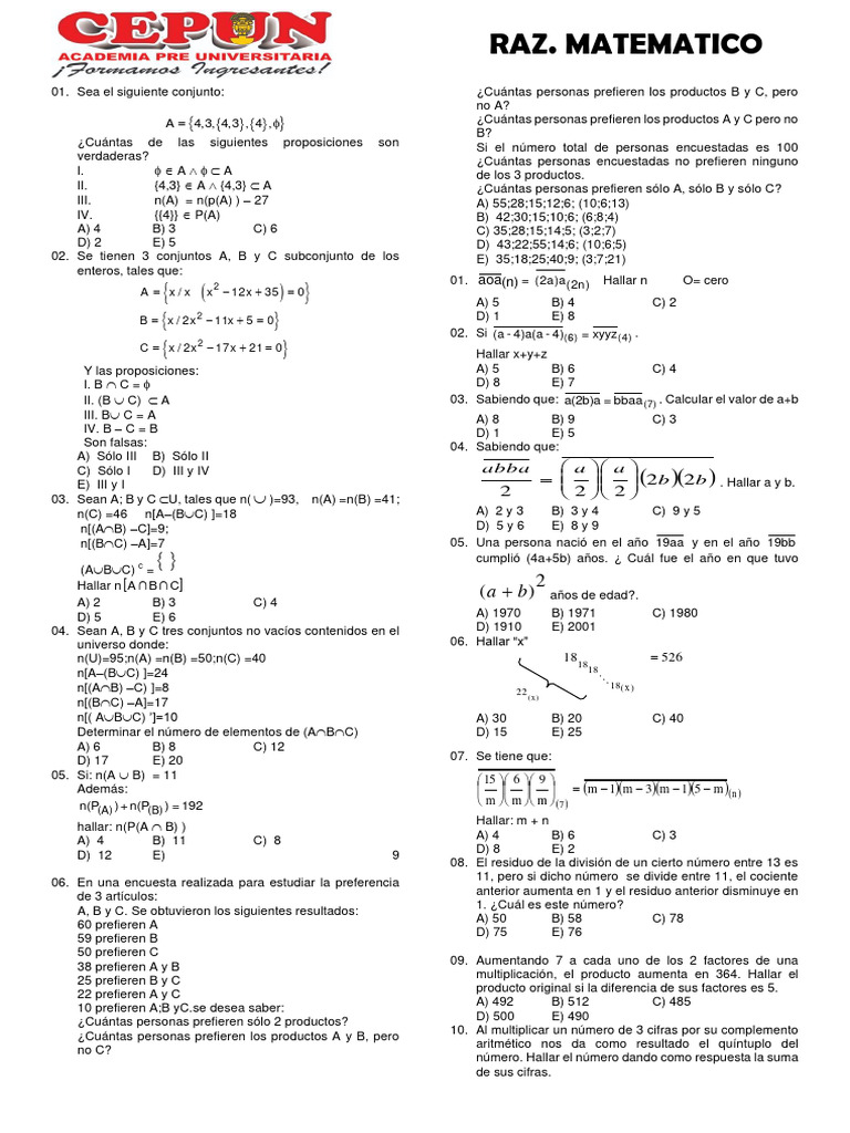 Ejercicios de Conjuntos y Matemáticas | PDF | División (Matemáticas ...