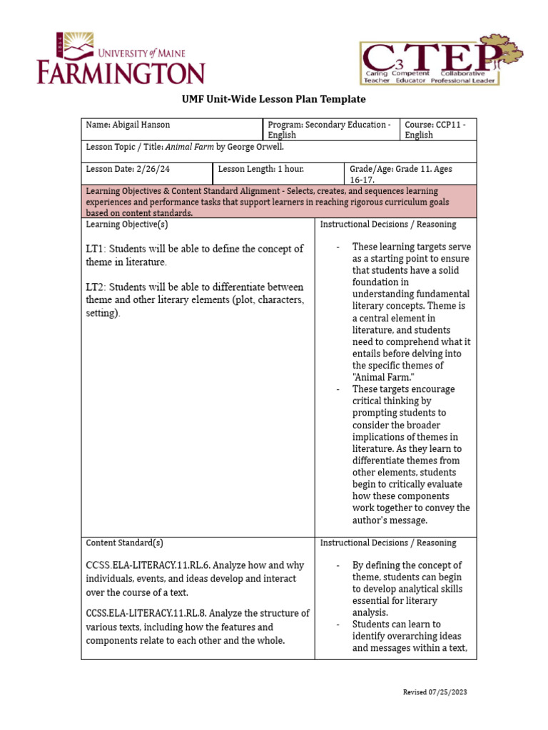 Lesson Plan: Analyzing Themes in Animal Farm | PDF | Learning | Lesson Plan
