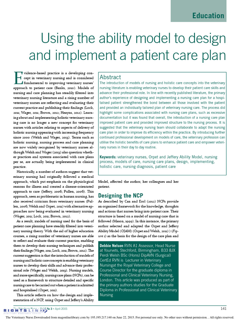 Veterinary Nursing Care Plan Ability Model Template