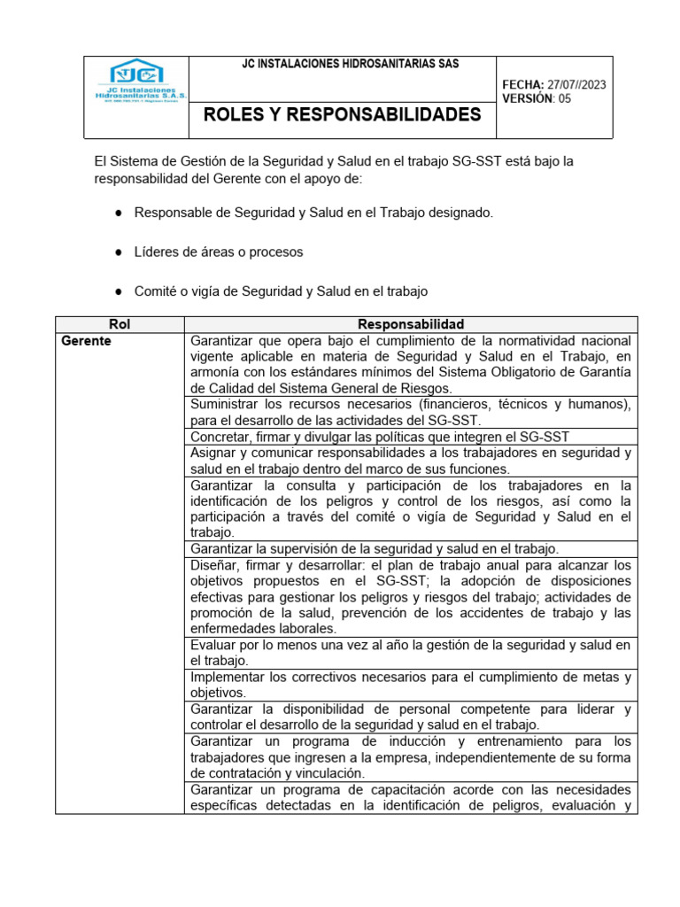 Roles y Responsabilidades SG-SST | PDF | Business | Valores