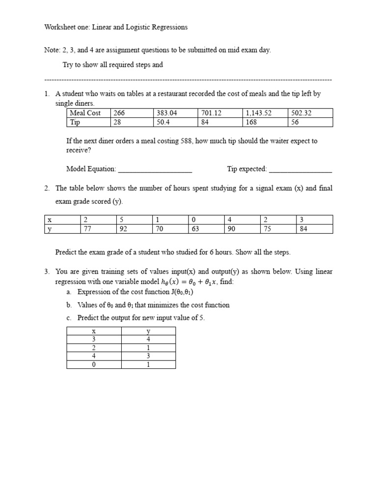 Linear & Logistic Regression Worksheet | PDF | Regression Analysis ...