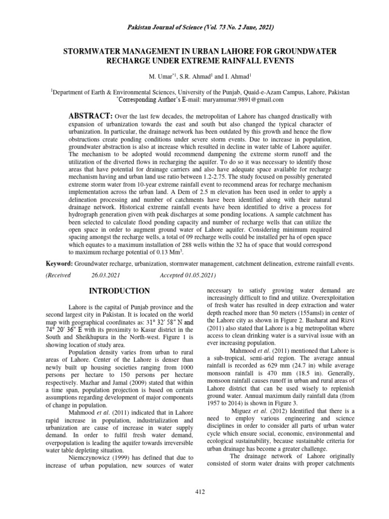 Stormwater Management in Urban Lahore For Groundwater Recharge Under ...