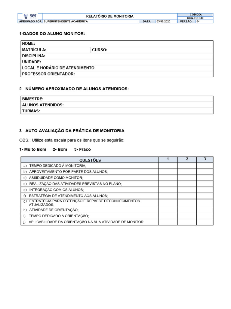 Relatório de Monitoria CCG-FOR-30 | PDF