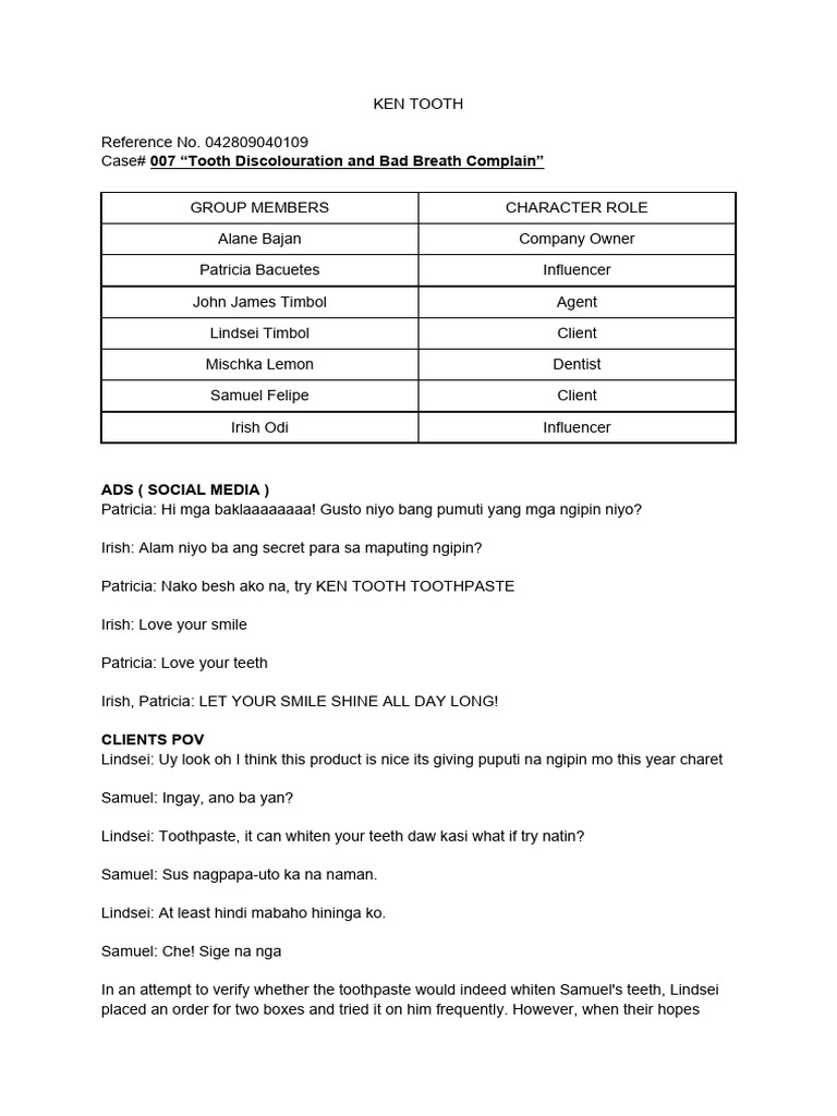 Tle group 4 call script by alane and patricia pdf oral hygiene