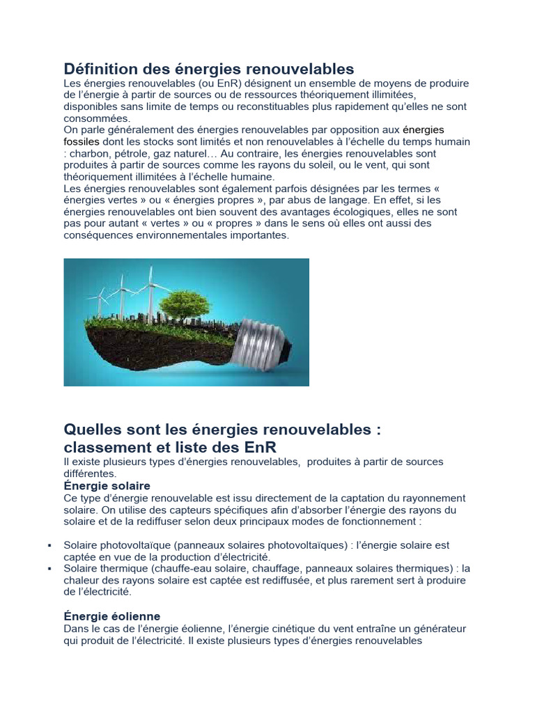 Définition des énergies renouvelables | PDF | Énergie renouvelable ...