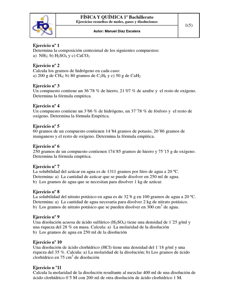 Ejercicios Resueltos de Moles, Gases y Disoluciones | PDF | Ácido ...