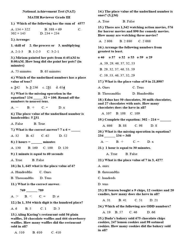 Grade 3 Math Achievement Test Review | PDF | Mathematics