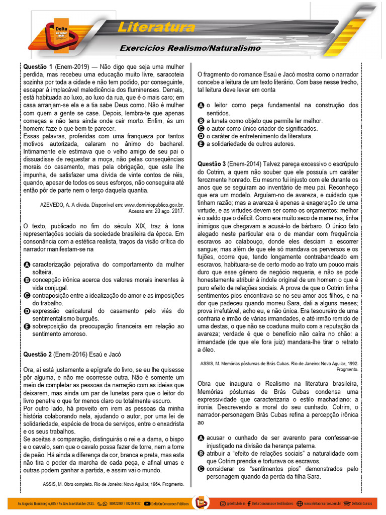 Exercícios sobre Realismo e Naturalismo | PDF | Amor | Realismo (artes)