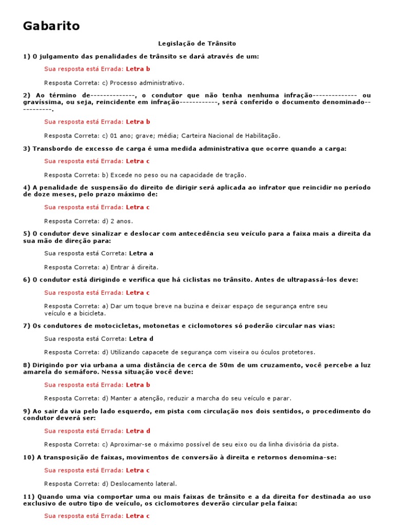 Gabarito de Legislação de Trânsito | PDF | Tráfego | Transporte