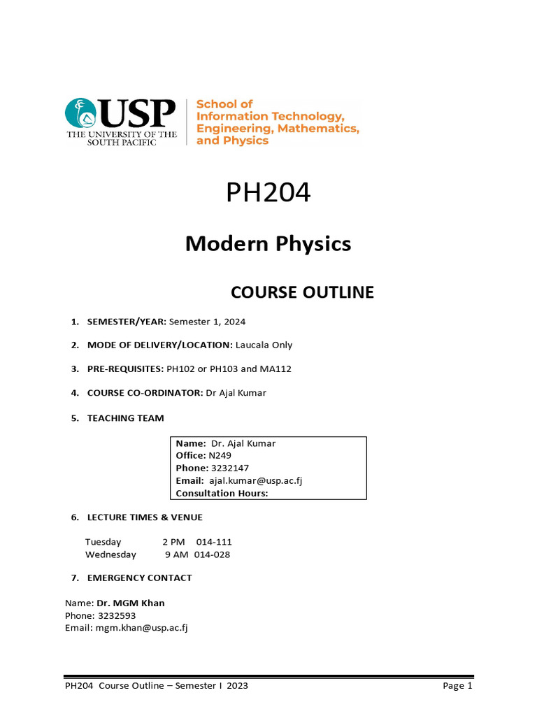 PH204 Modern Physics Course Outline | PDF | Schrödinger Equation | Physics