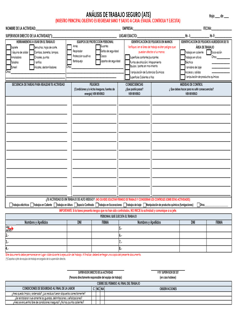 Formato ATS - Análisis de Trabajo Seguro - Contratistas | PDF ...