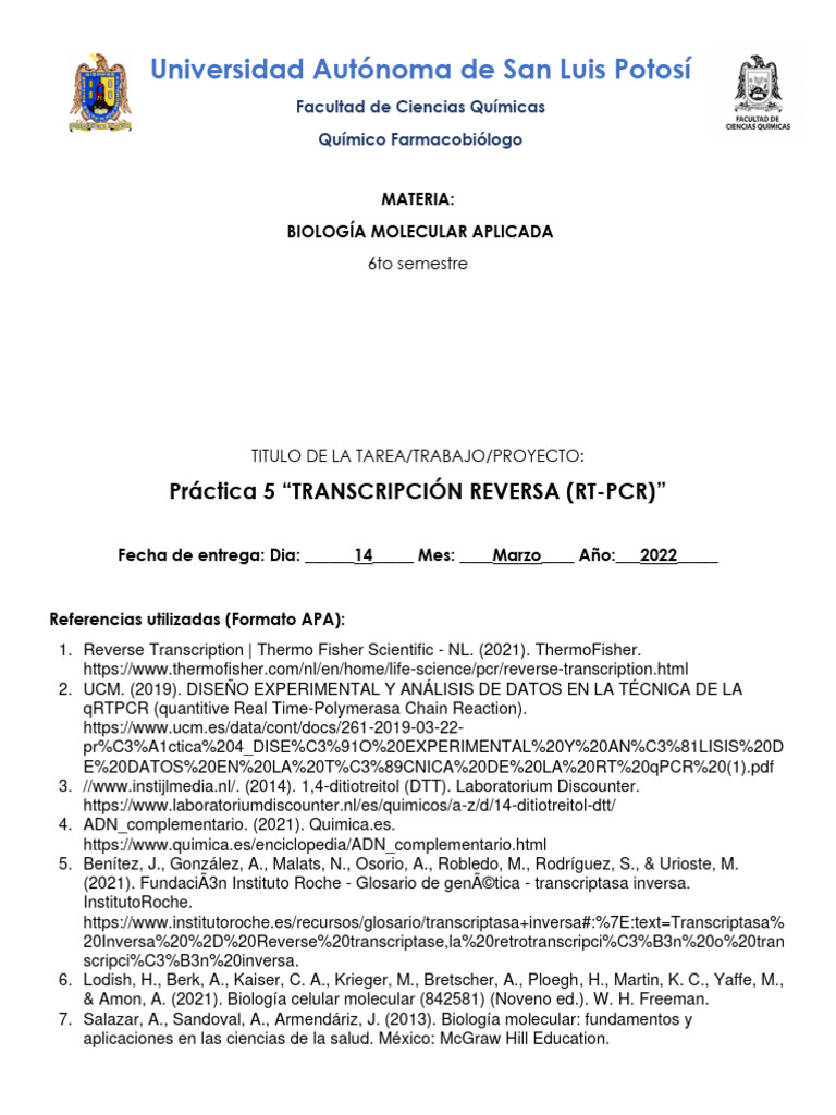 Reporte 5 - Transcripcion Reversa | PDF | Reacción en cadena de la ...