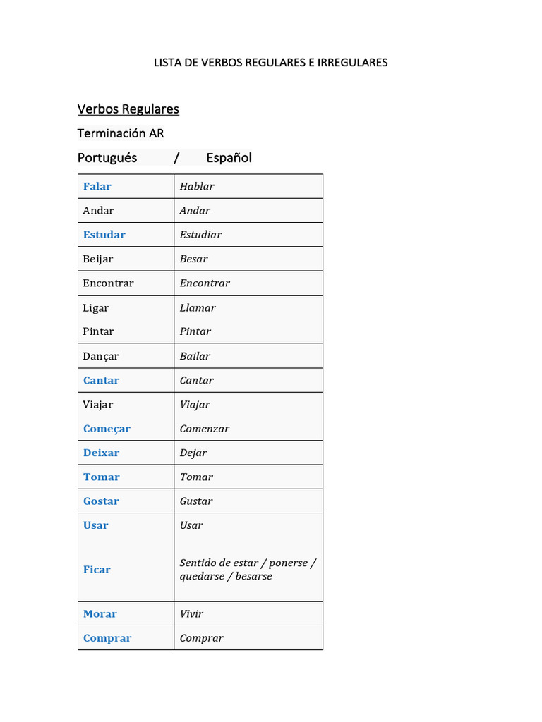 Lista de Verbos Regulares e Irregulares | PDF | Artes del Lenguaje y ...