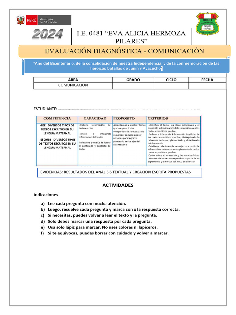 EVALUACION DIAGNOSTICA 2024 VI CICLO | PDF