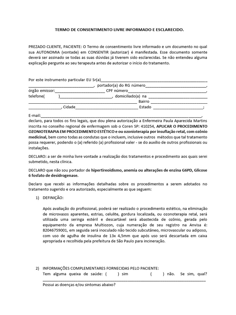 Termo de Consentimento para Ozonioterapia | PDF | Especialidades ...