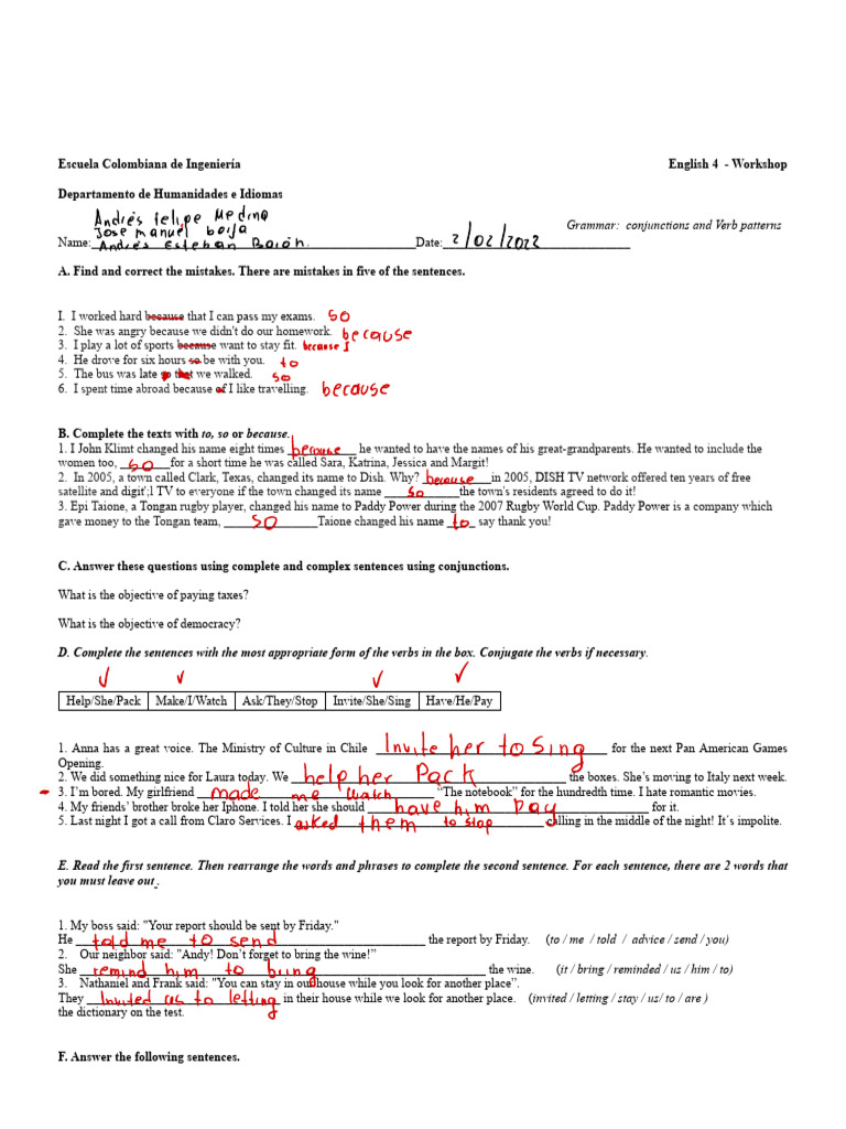 English Workshop: Conjunctions & Verb Patterns | PDF | Linguistic ...