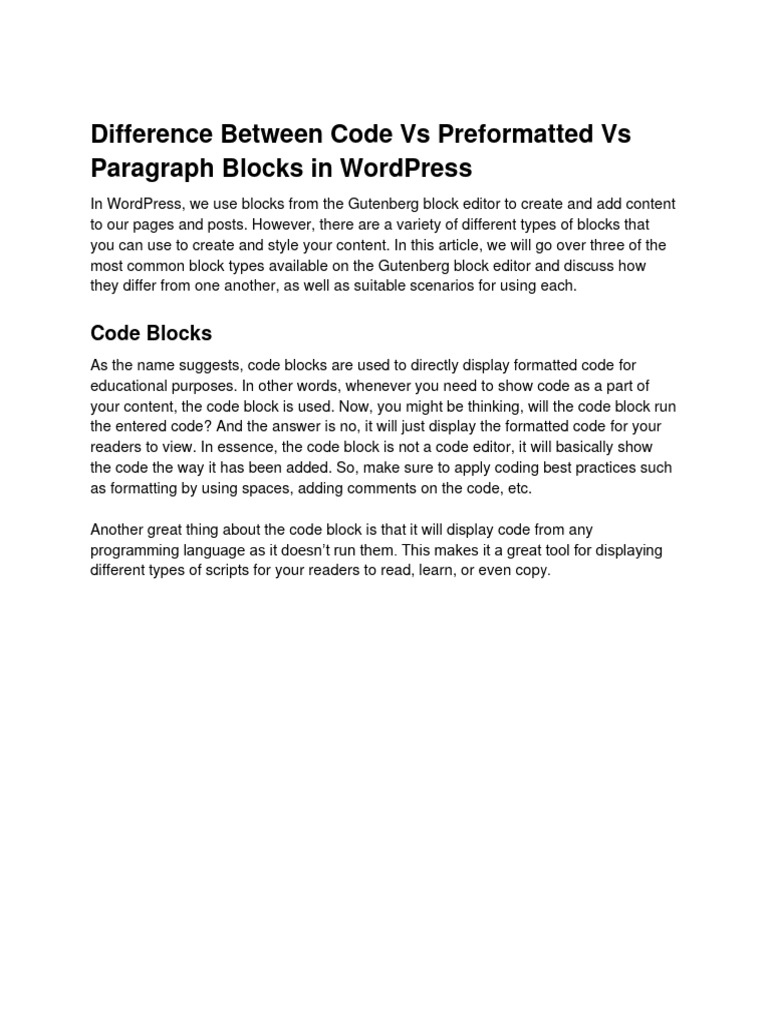 Difference Between Code Vs Preformatted Vs Paragraph Blocks in ...