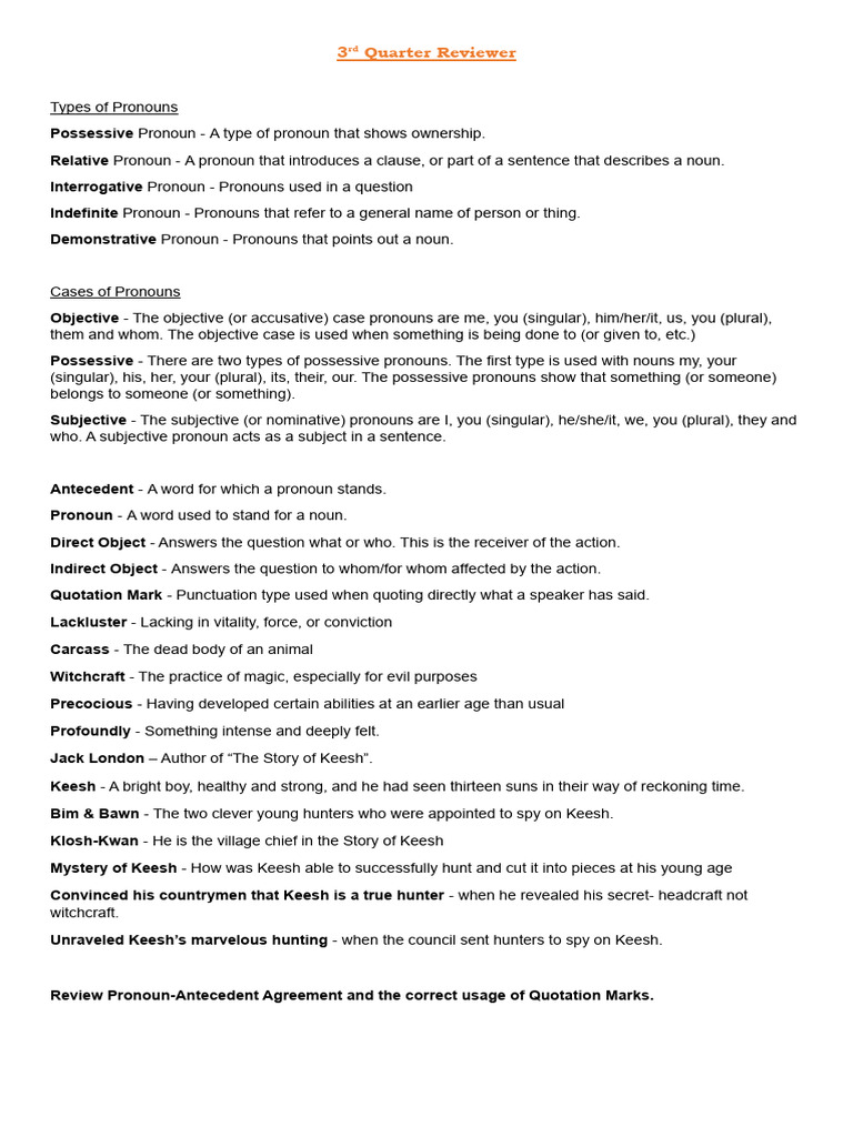 3rd Quarter Reviewer | PDF | Pronoun | Grammatical Number