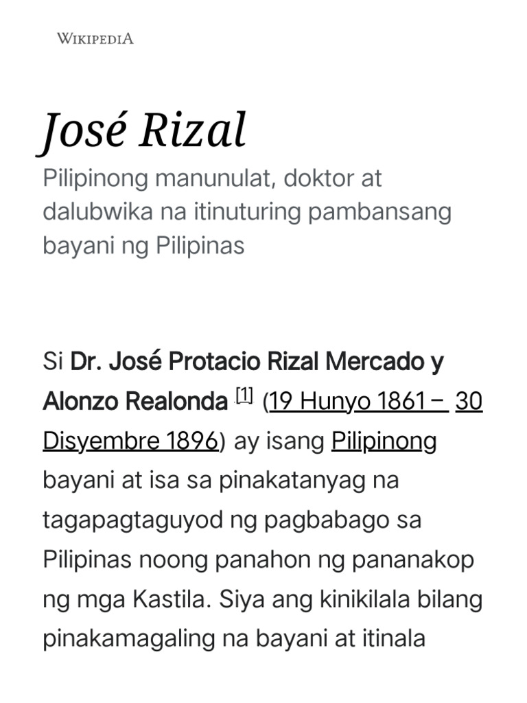 José Rizal - Wikipedia, Ang Malayang Ensiklopedya | PDF