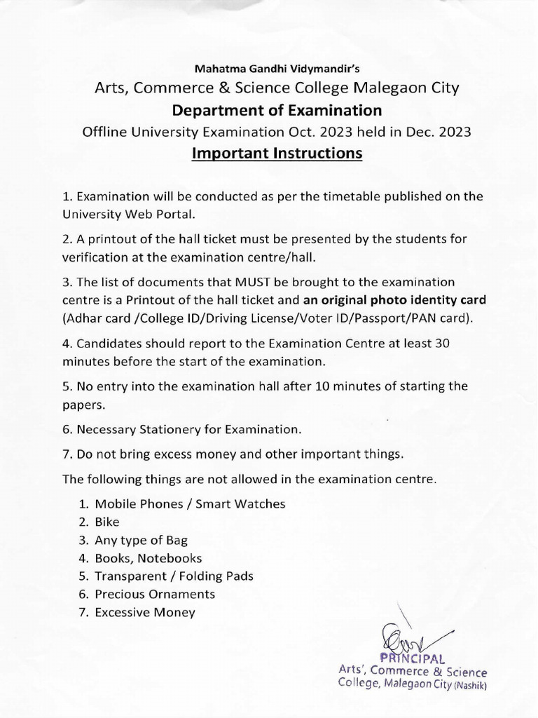 University Exam Students Instructions PDF