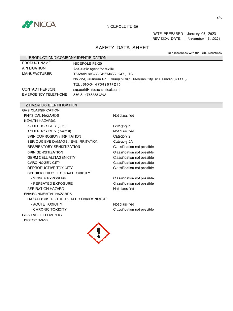NICEPOLE FE-26 - 英文SDS | PDF | Toxicity | Hazards