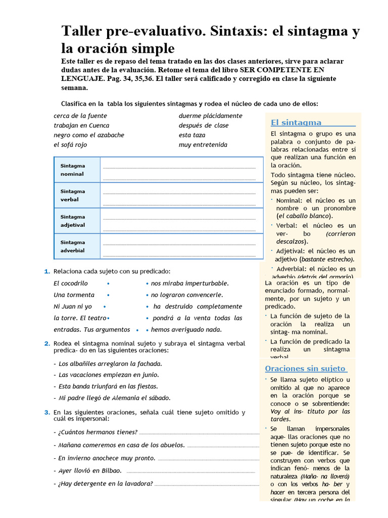 Taller de Sintaxis: Sintagmas y Oraciones | PDF | Adverbio | Asunto ...