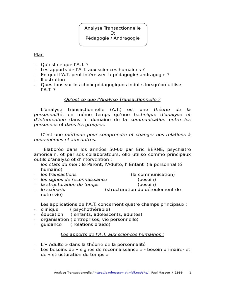 Analyse Transactionnelle en Pédagogie | PDF | Psychologie