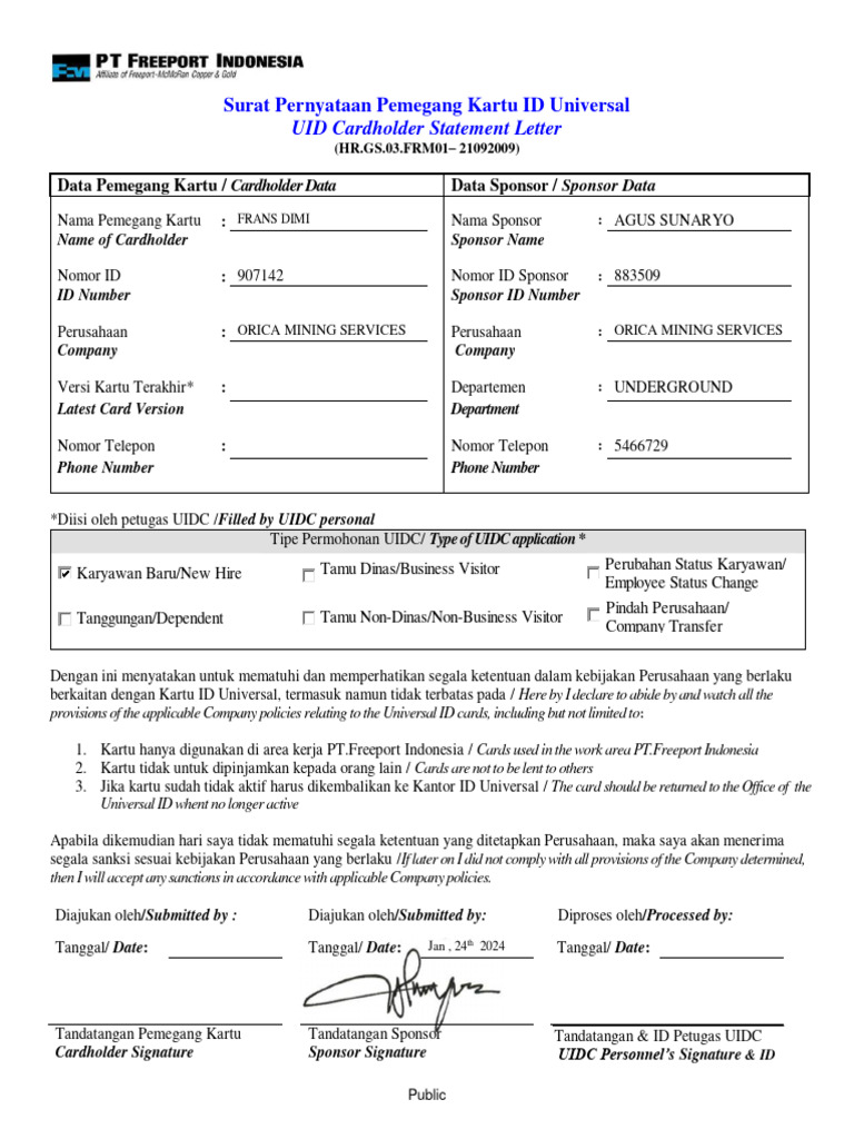 Statement Letter For UID - Frans Dimi | PDF
