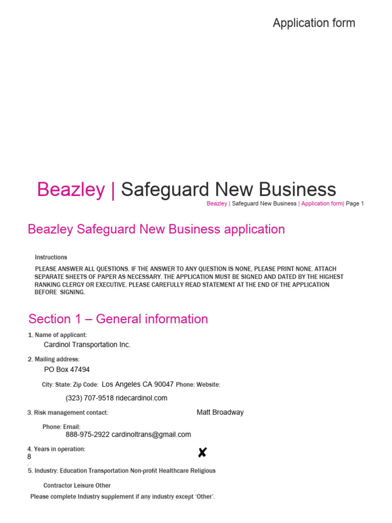 Beazley Safeguard New Business Application Download Free PDF Fraud