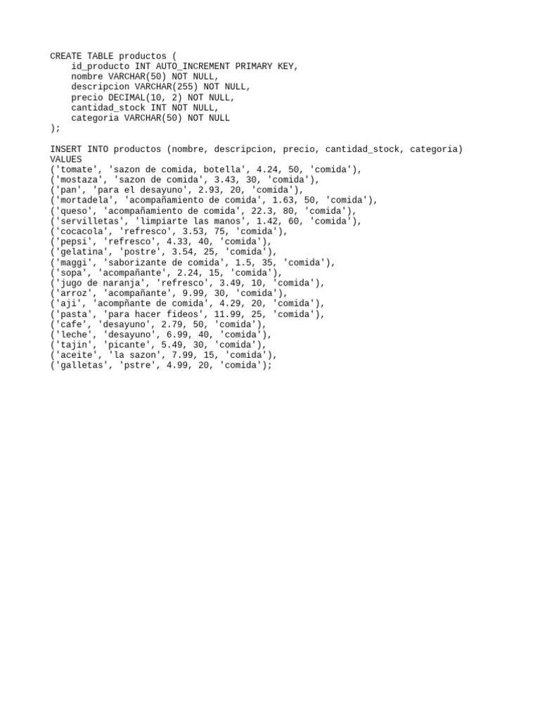 Create table productos alessandro arreaga pdf