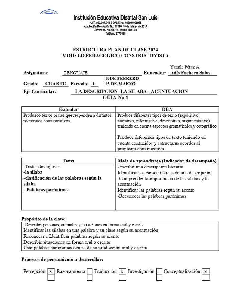 Guia # 1 de Cuarto Grado 2024 Grupos | PDF | Sílaba | Palabra