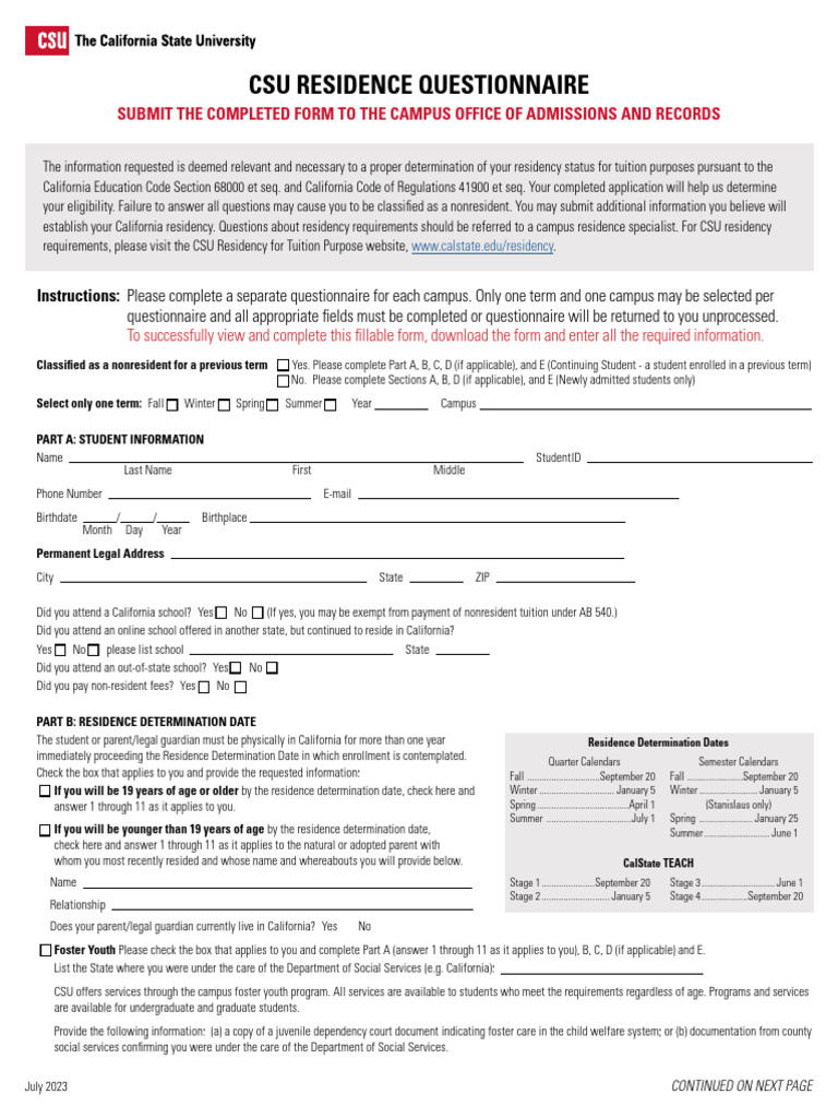 Csu Residence Questionnaire | PDF | G.I. Bill