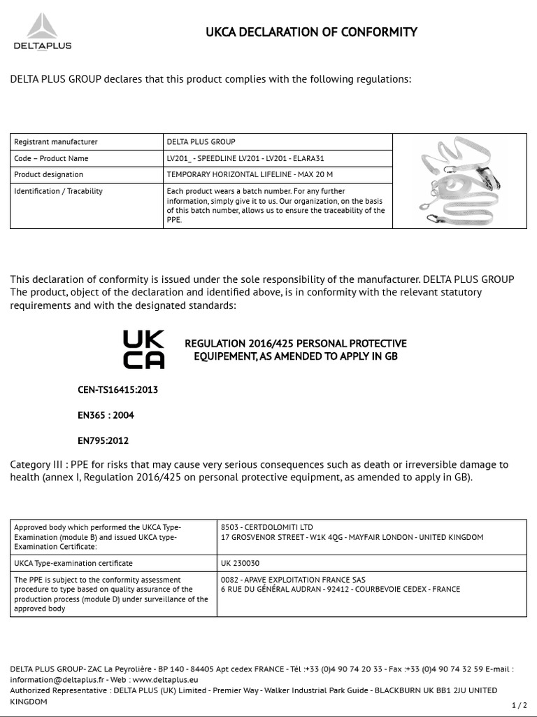 SPEEDLINE LV201 UkcaCertificate en PDF Personal Protective