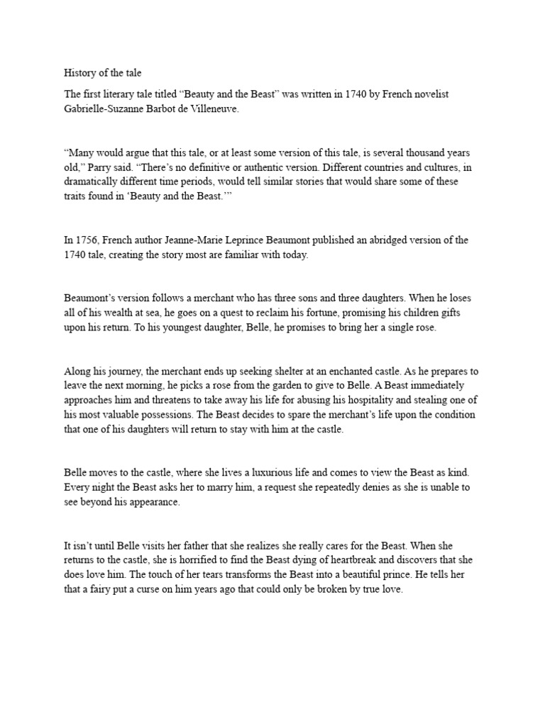 Beauty And The Beast Original Story Plot
