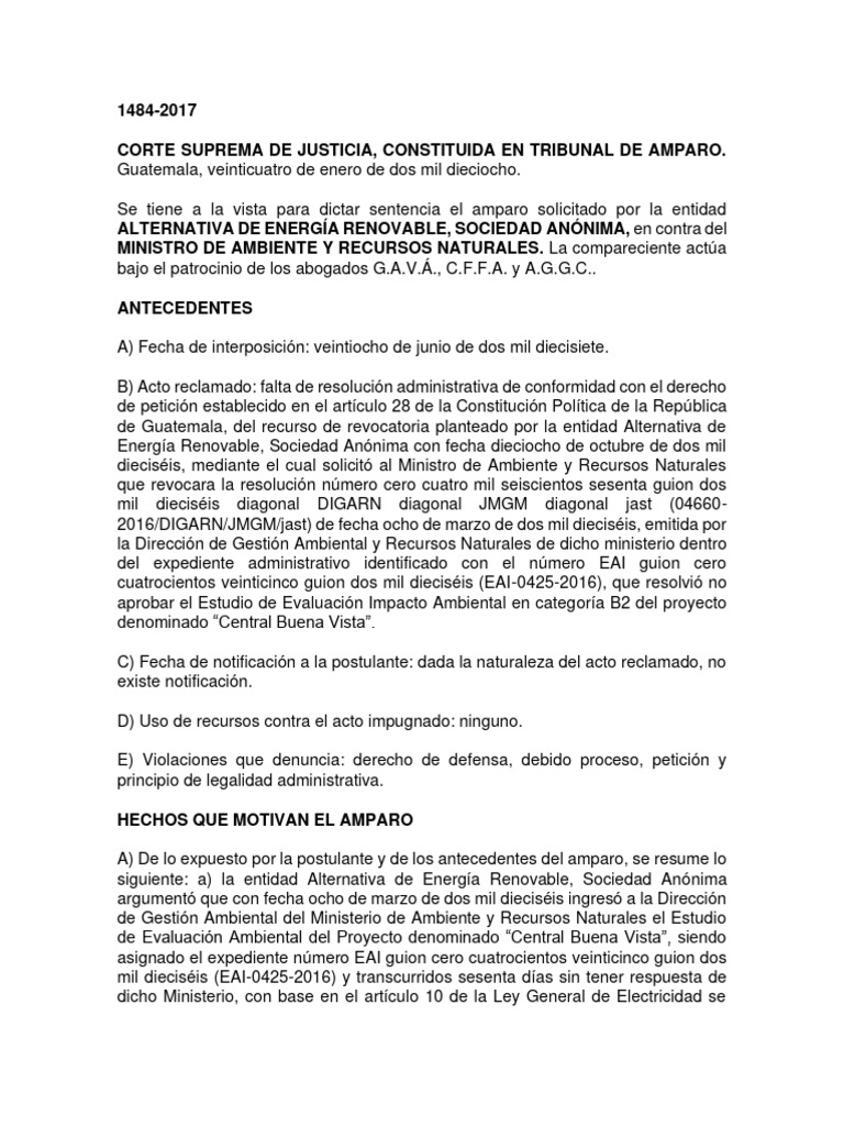 1484-2017 Corte Suprema de Justicia, Constituida en Tribunal de Amparo ...
