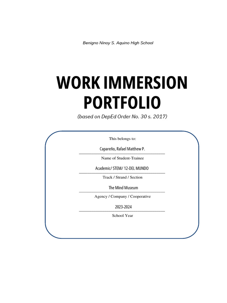 Work Immersion Portfolio: (Based On Deped Order No. 30 S. 2017 ... image.