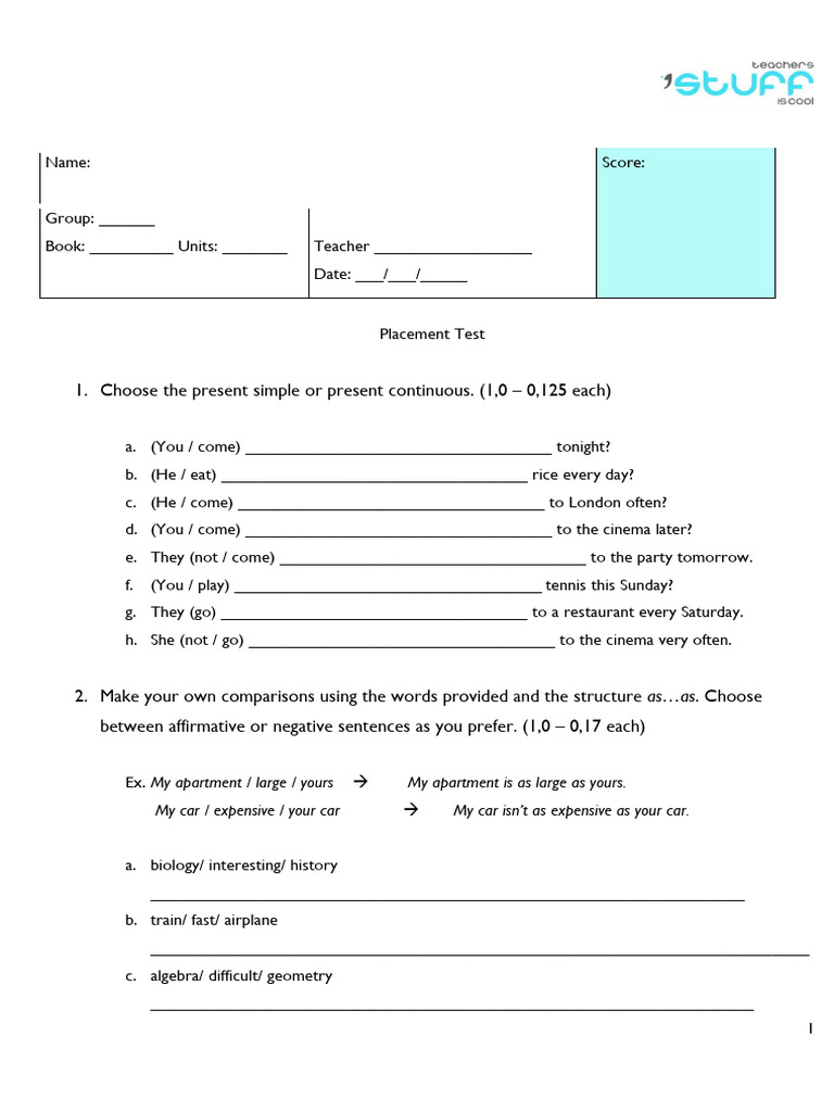 Placement Test for English Proficiency | PDF | Grammar | Linguistic ...