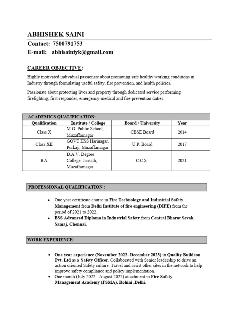 Abhishek Saini's Safety Officer Resume | PDF