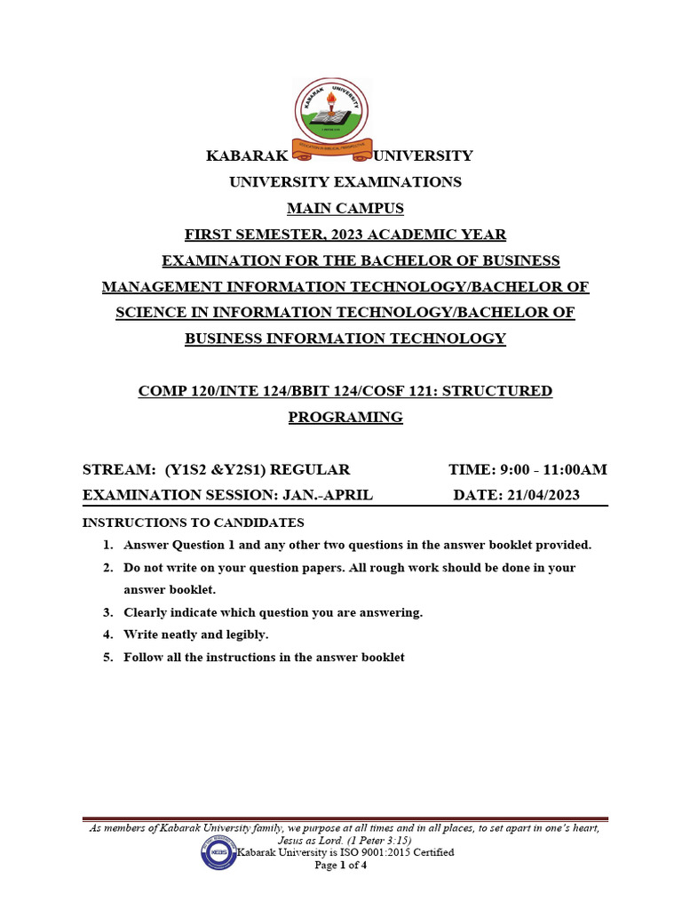 Structured Programming Exam Questions | PDF | C (Programming Language ...