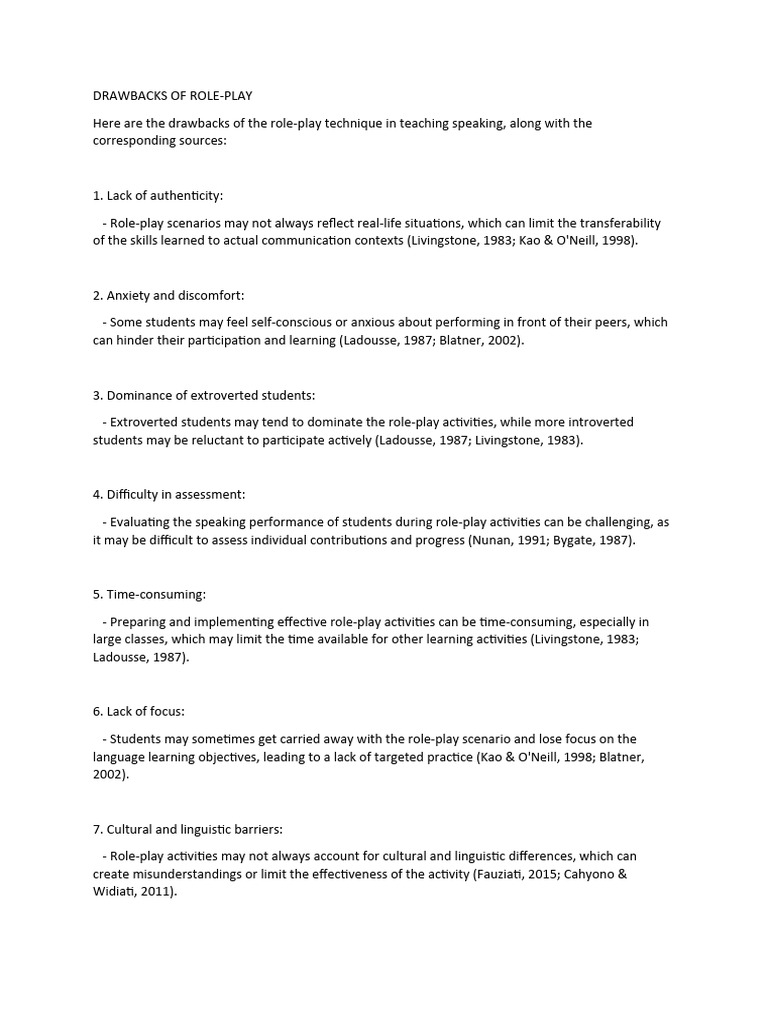 Drawbacks of Role-Play in Teaching | PDF | English As A Second Or ...