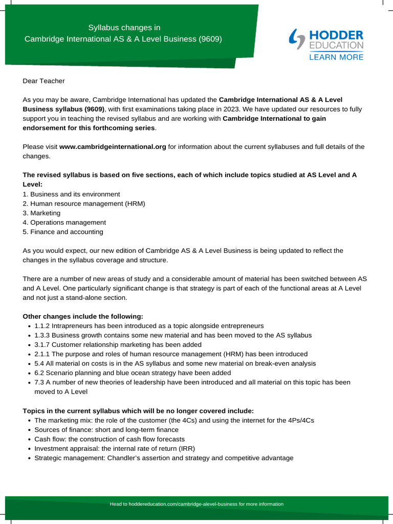 FINAL Syllabus Changes in Cambridge International As A Level Business  (9609) Author Letter | PDF | Business Economics | Economies