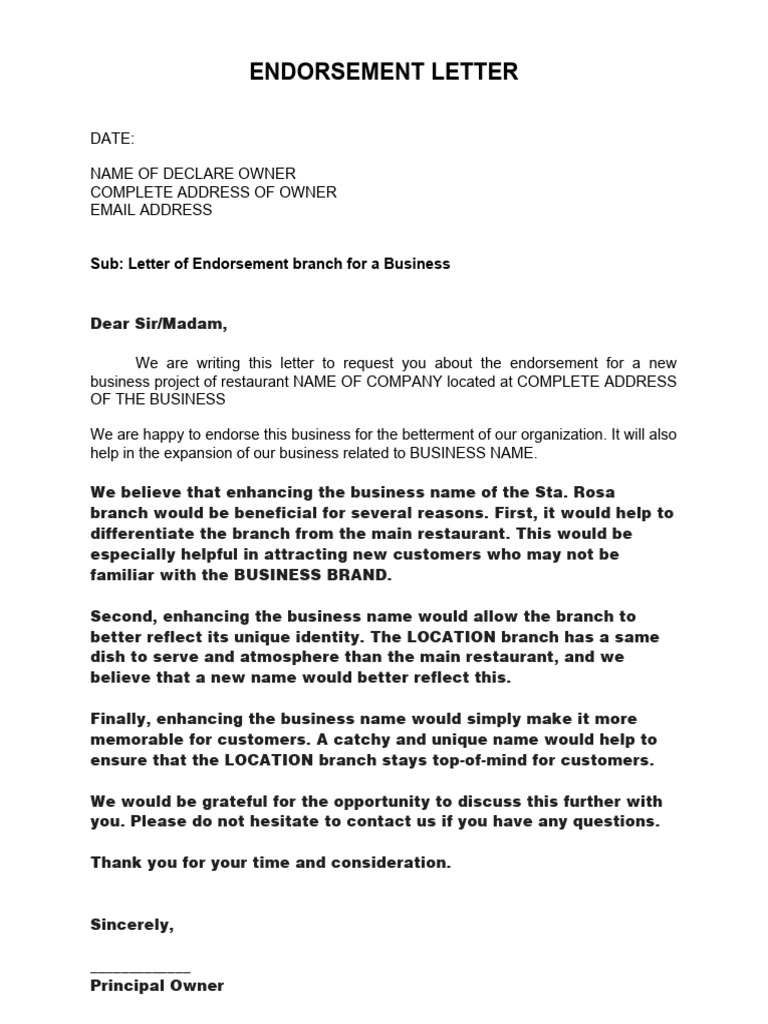 Business Endorsement Letter Template | PDF