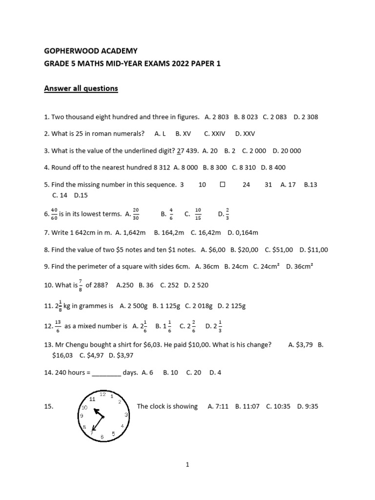 Grade 5 Maths 1 2022 | PDF | Triangle | Elementary Mathematics