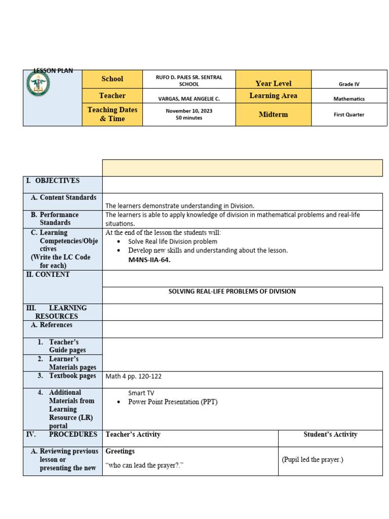 FS LESSONPLAN Vargas Mae Angelie C | PDF | Division (Mathematics)